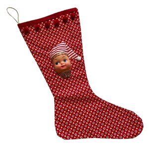 Christmas Stocking with Dolly Face Holiday Decor Xmas Vintage Handmade